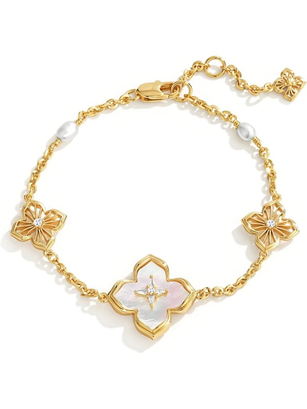 Trendy Dainty Gold Bracelet for Women, 14K Plated Clover Charm & Pearl Beads